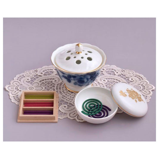 【特別限定セット】香十オリジナル数量限定販売 香炉ブルーローズ・香合ゴールドローズ（大倉陶園）、お香揃、レース敷物（近澤レース店）セット